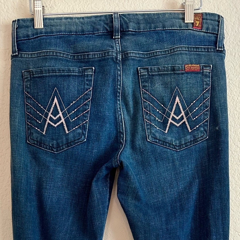 7 For All Mankind Women’s Boot Cut Jeans - Dark Blue with Pink  Stitching